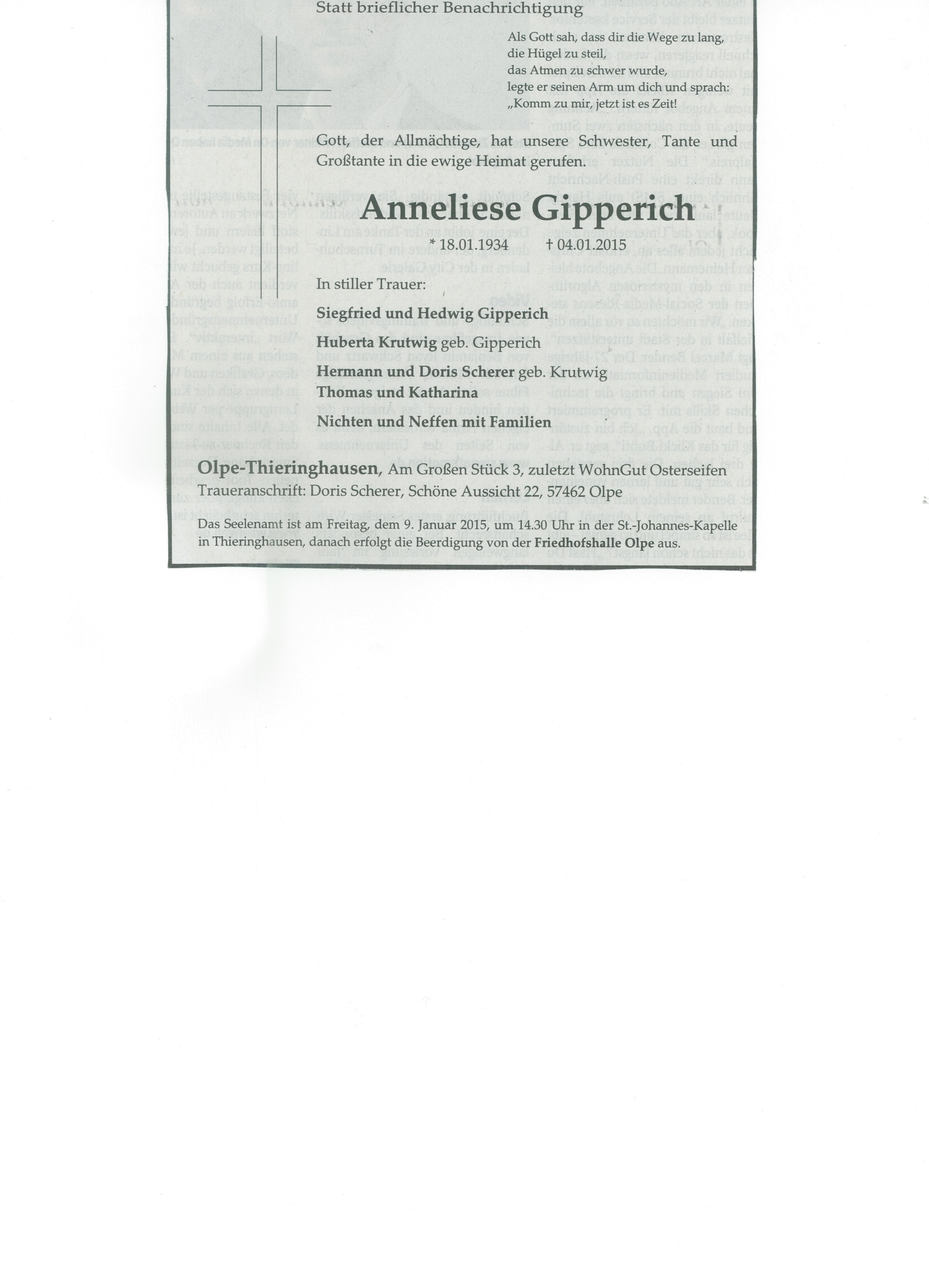 Traueranzeige Anneliese Gipperich